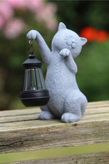 Solar Powered Decorative Stone Effect Cat with Lantern