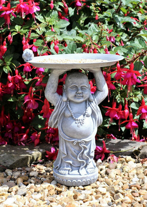 Grey or Copper Buddha Garden Ornament with Bird & Bath Feeder
