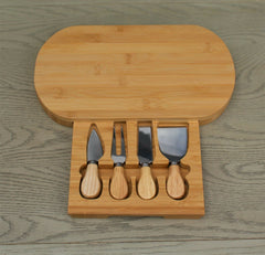 Curved Bamboo Cheese Board with Slide Out Draw & 4 Knives