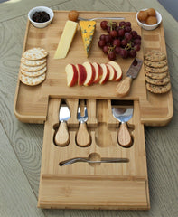 Square Bamboo Cheese Board with Slide Out Draw & 4 Knives