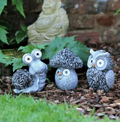 Snail, Owl & Toadstool Solar Garden Set