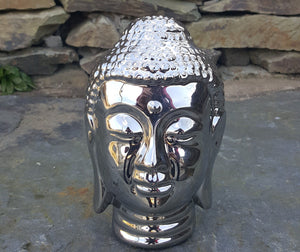 Chrome Silver Buddha Head Sculpture Ornament indoor outdoor garden Home