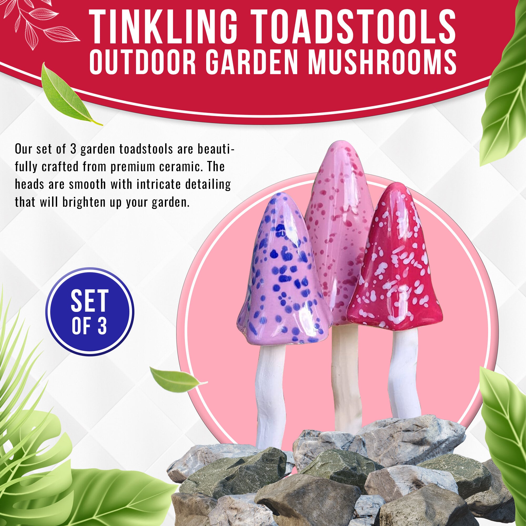 Tinkling Toadstools Outdoor Garden Mushrooms Magical Decorative Ceramic Fairy Garden Ornaments (Small Summer - Purple, Pink, Red)