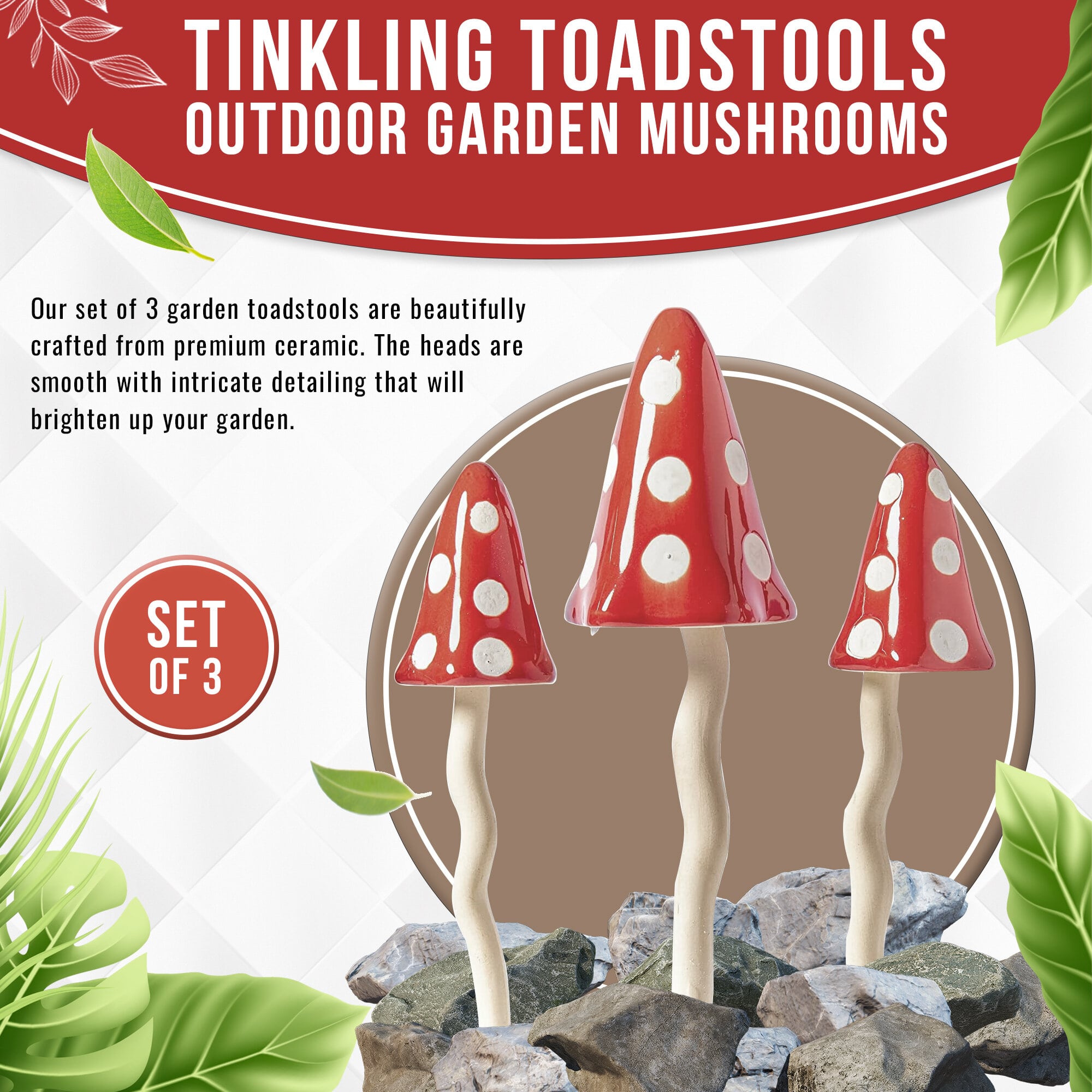 A set of 3 Chiming Ceramic Toadstools - Red Spots