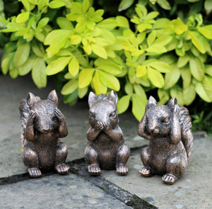 3 Wise Squirrel Statues, See No Evil, Hear No Evil, Speak No Evil