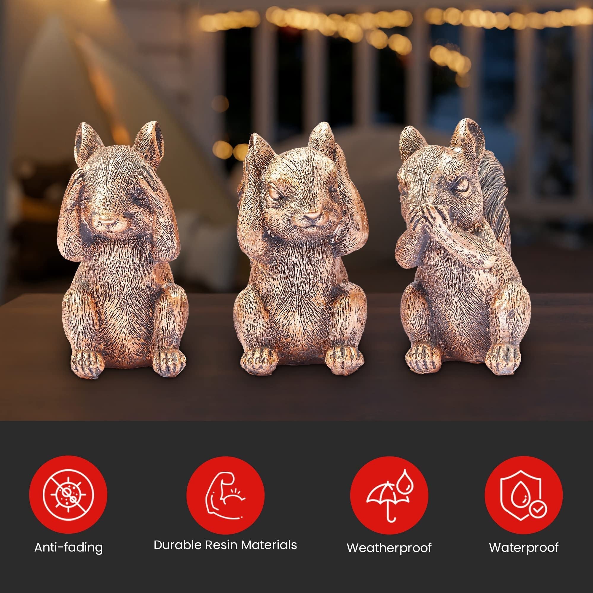 3 Wise Squirrel Statues, See No Evil, Hear No Evil, Speak No Evil