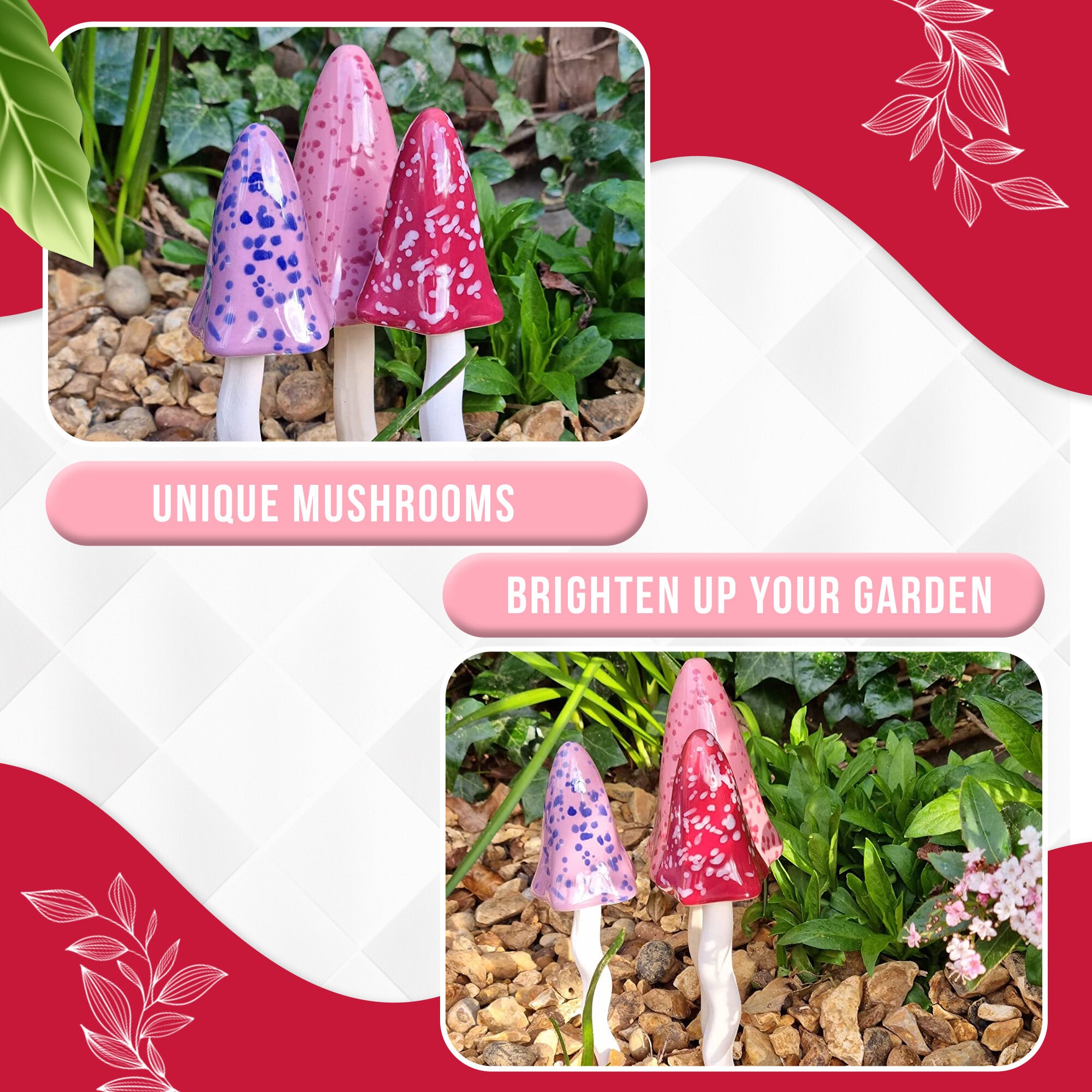 Tinkling Toadstools Outdoor Garden Mushrooms Magical Decorative Ceramic Fairy Garden Ornaments (Small Summer - Purple, Pink, Red)