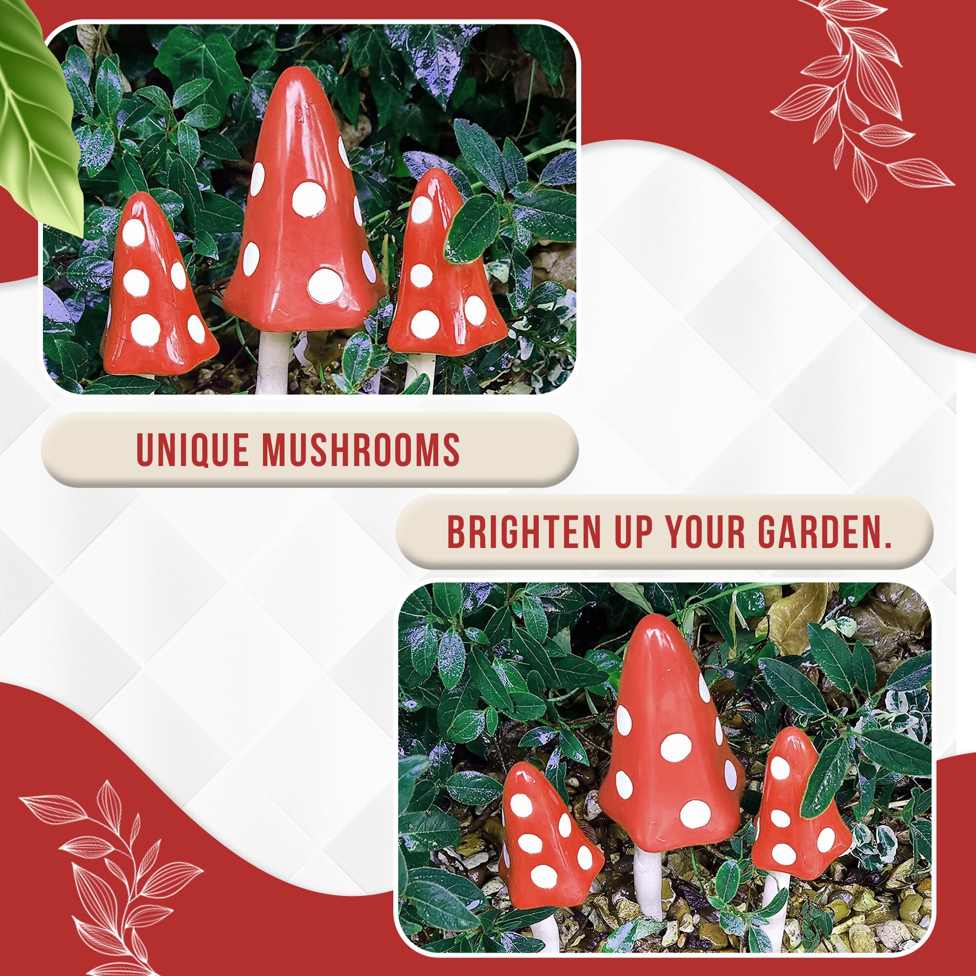 A set of 3 Chiming Ceramic Toadstools - Red Spots