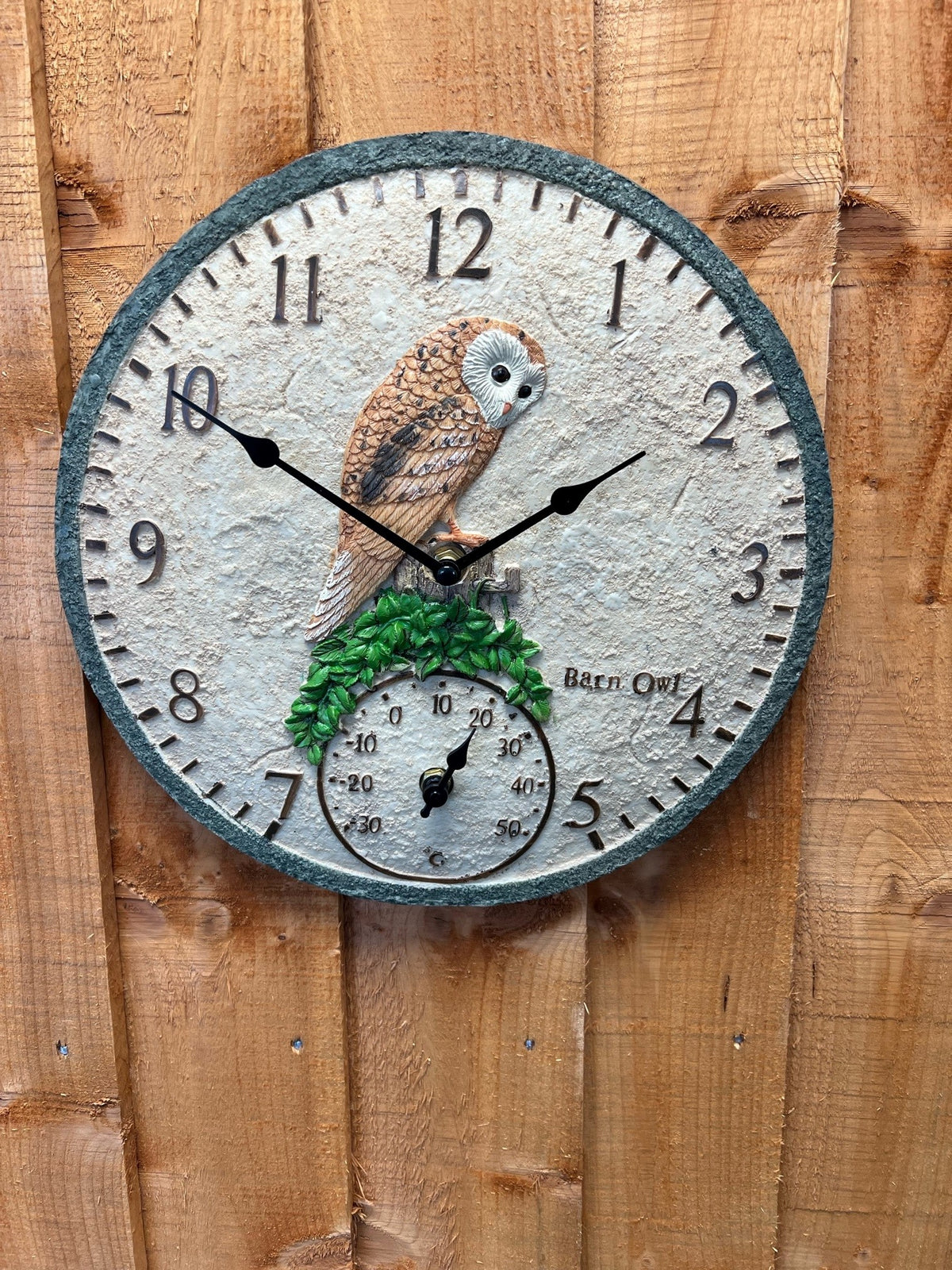 Barn Owl Outdoor Garden Thermometer and Clock