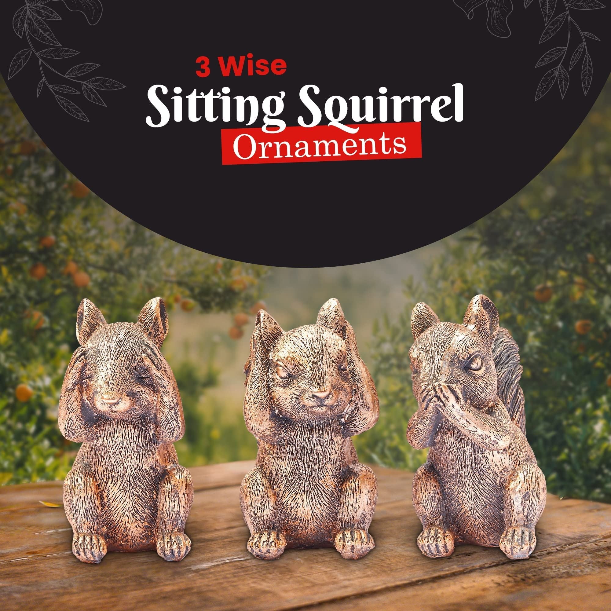 3 Wise Squirrel Statues, See No Evil, Hear No Evil, Speak No Evil