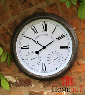 Outdoor / Indoor Garden Station Wall Clock Rust effect with Temperature Humidity 12 inch