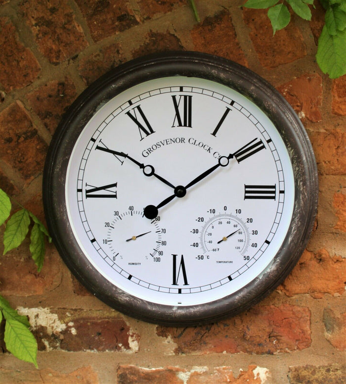 Outdoor / Indoor Garden Station Wall Clock Rust effect with Temperature Humidity 12 inch