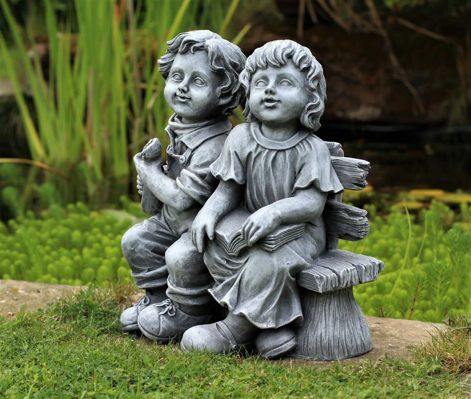 Grey Sitting Boy and Girl Garden Ornament