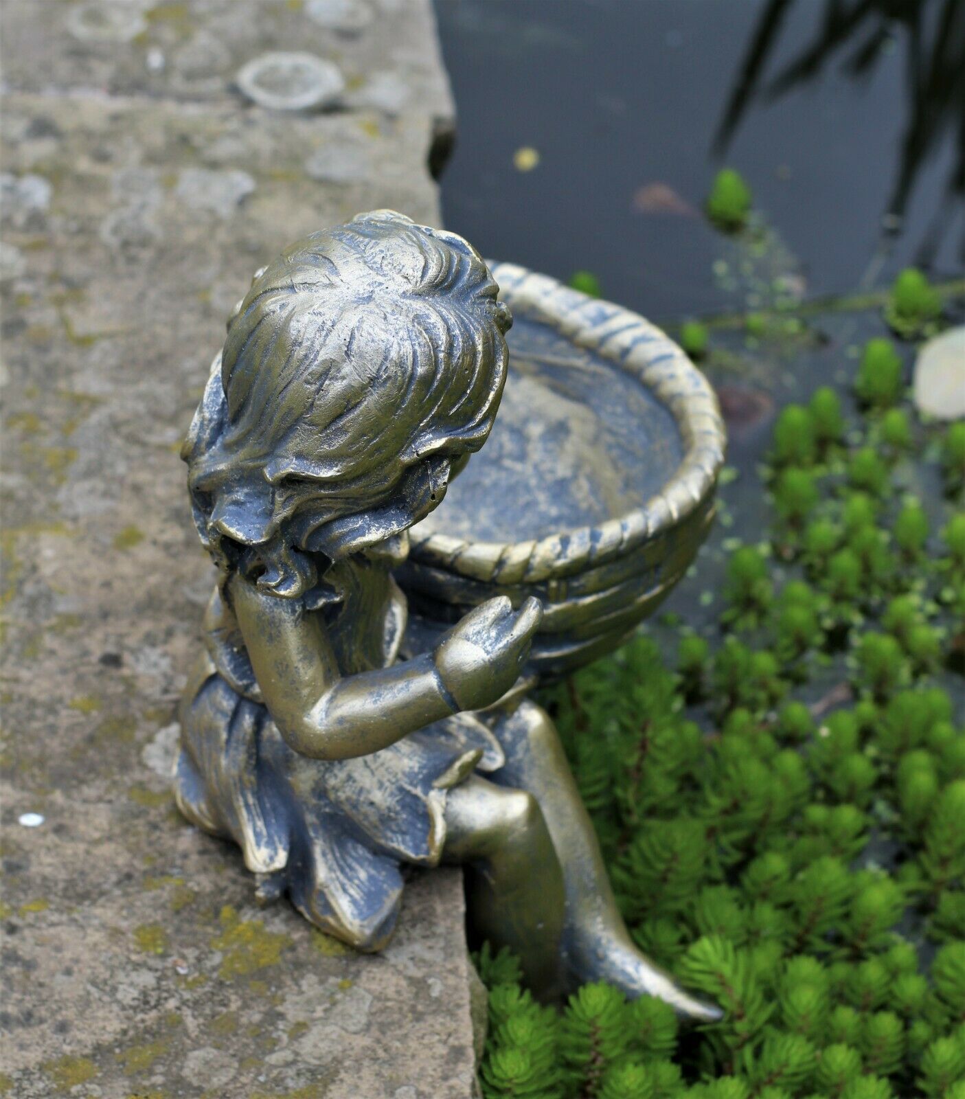 Boy and Girl Sitting Cherubs Planter or Bird Feeder Copper/Slate Grey