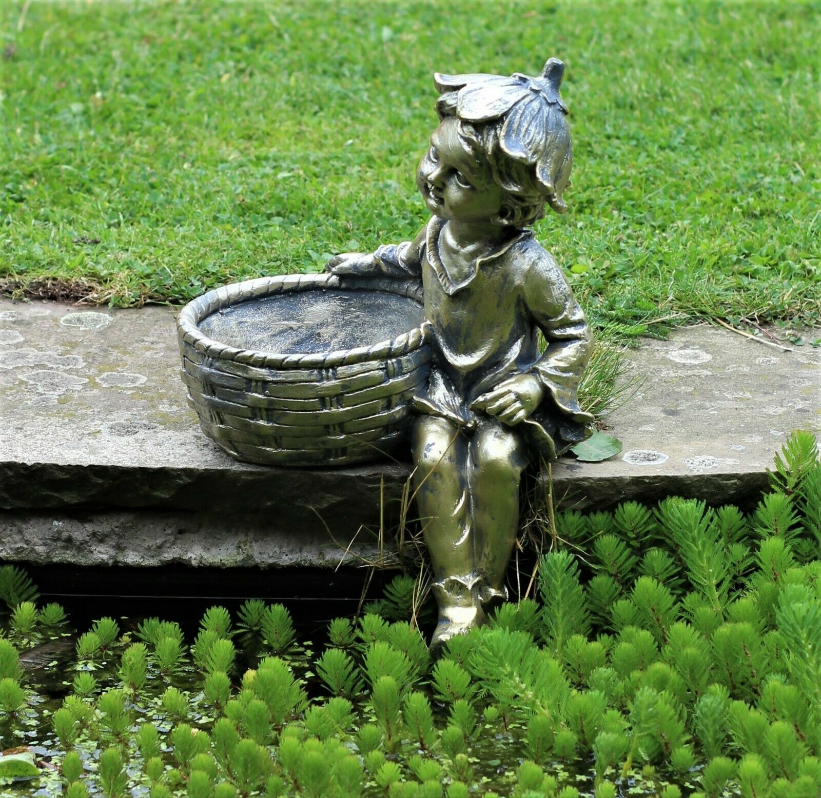 Boy and Girl Sitting Cherubs Planter or Bird Feeder Copper/Slate Grey