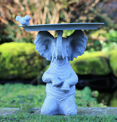 Grey Elephant Statue with Bird & Bath Feeder