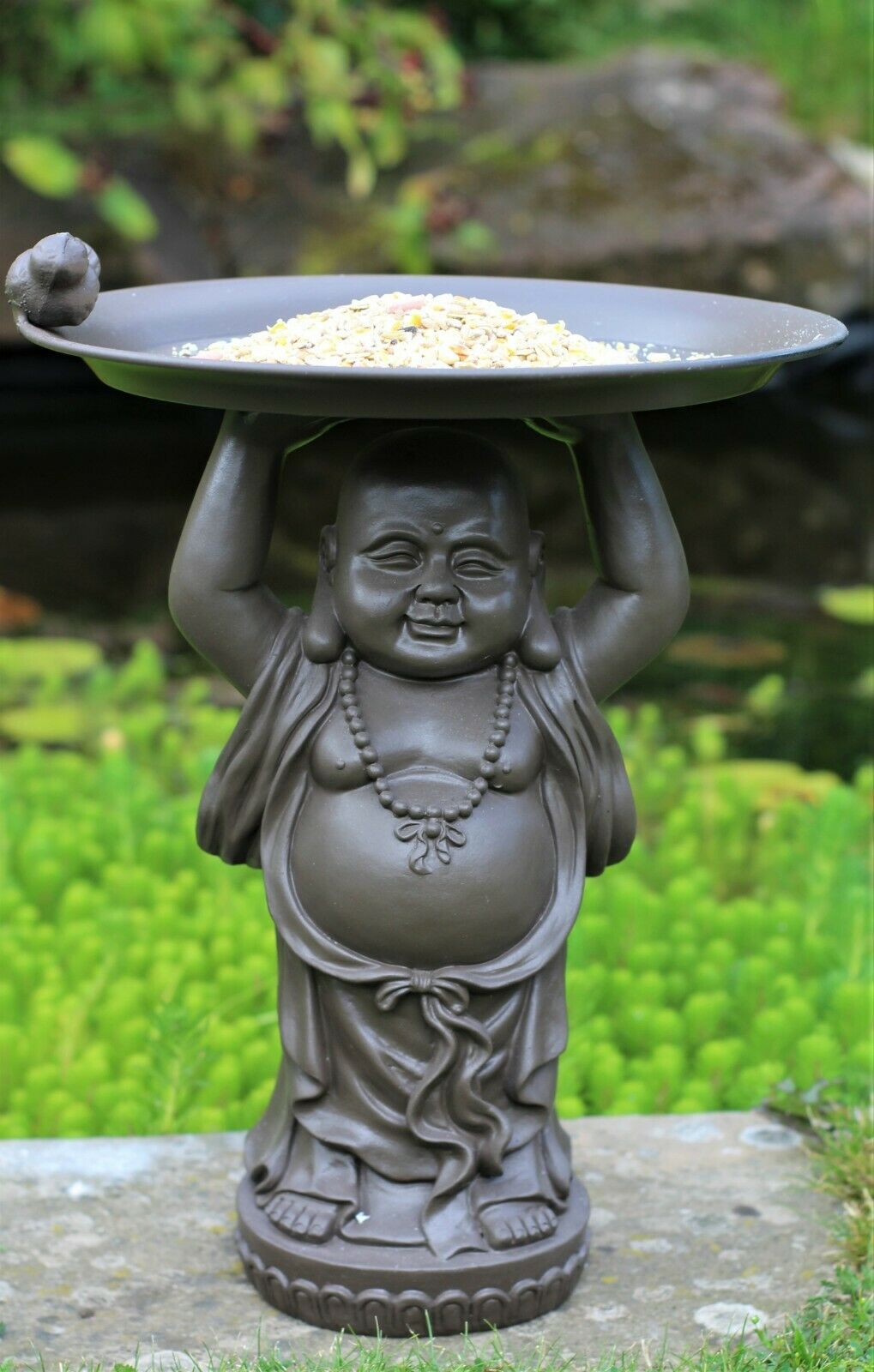 Grey or Copper Buddha Garden Ornament with Bird & Bath Feeder