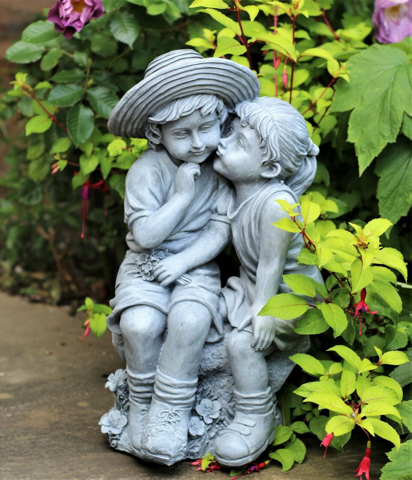 Grey Sitting Boy and Girl Garden Ornament