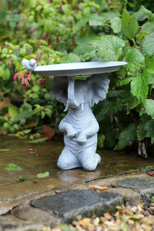 Grey Elephant Statue with Bird & Bath Feeder