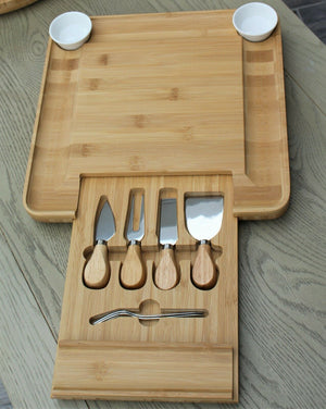 Square Bamboo Cheese Board with Slide Out Draw & 4 Knives