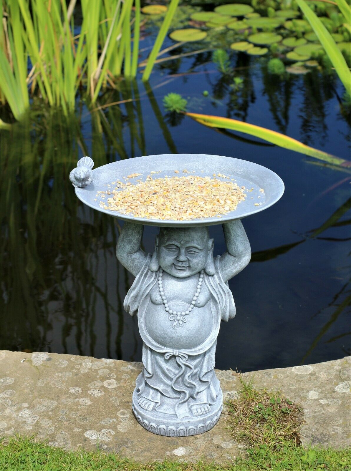 Grey or Copper Buddha Garden Ornament with Bird & Bath Feeder