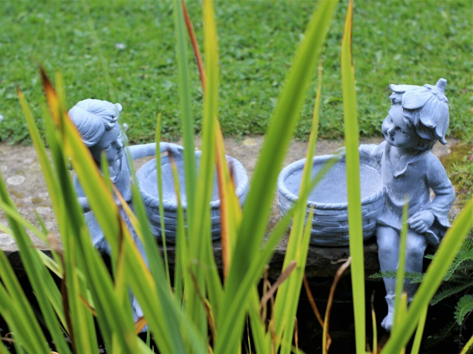 Boy and Girl Sitting Cherubs Grey Planter/Bird Feeder