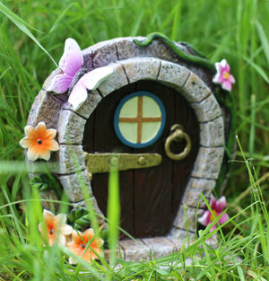 Stone Effect Large Fairy Door Ornament With Flowers