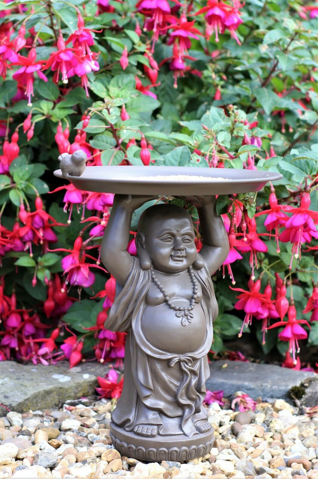 Grey or Copper Buddha Garden Ornament with Bird & Bath Feeder