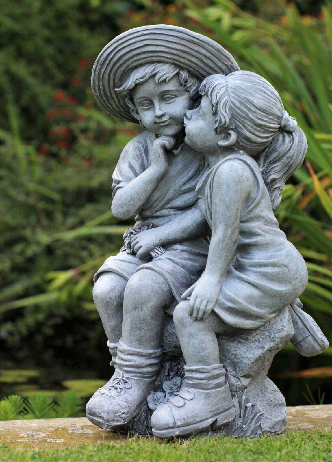 Grey Sitting Boy and Girl Garden Ornament