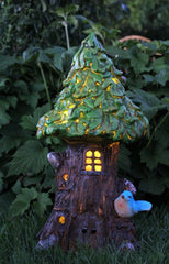 Large Solar Powered Fairy House Tree - Green Leaf Roof