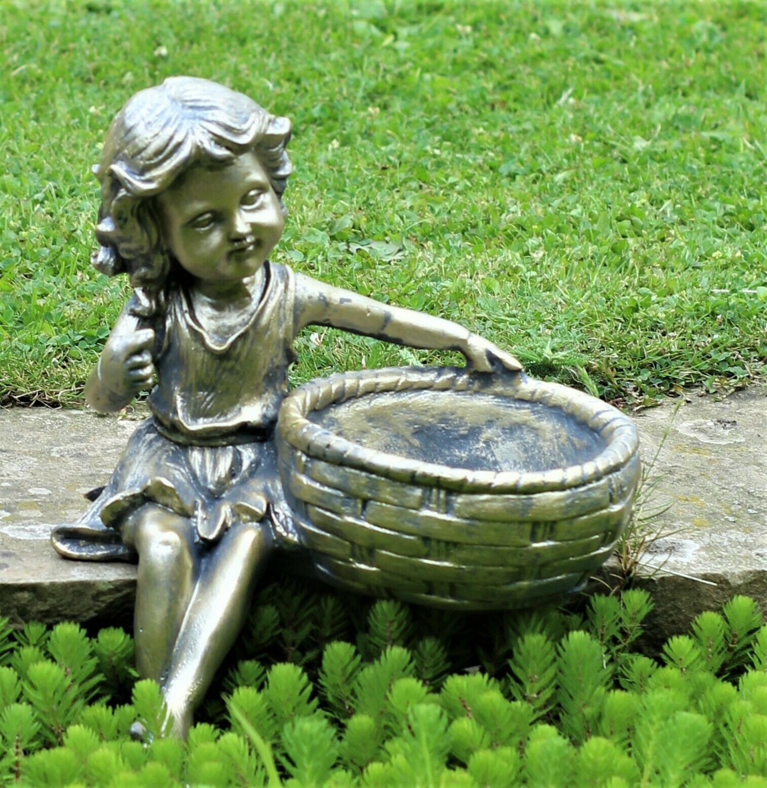 Boy and Girl Sitting Cherubs Planter or Bird Feeder Copper/Slate Grey