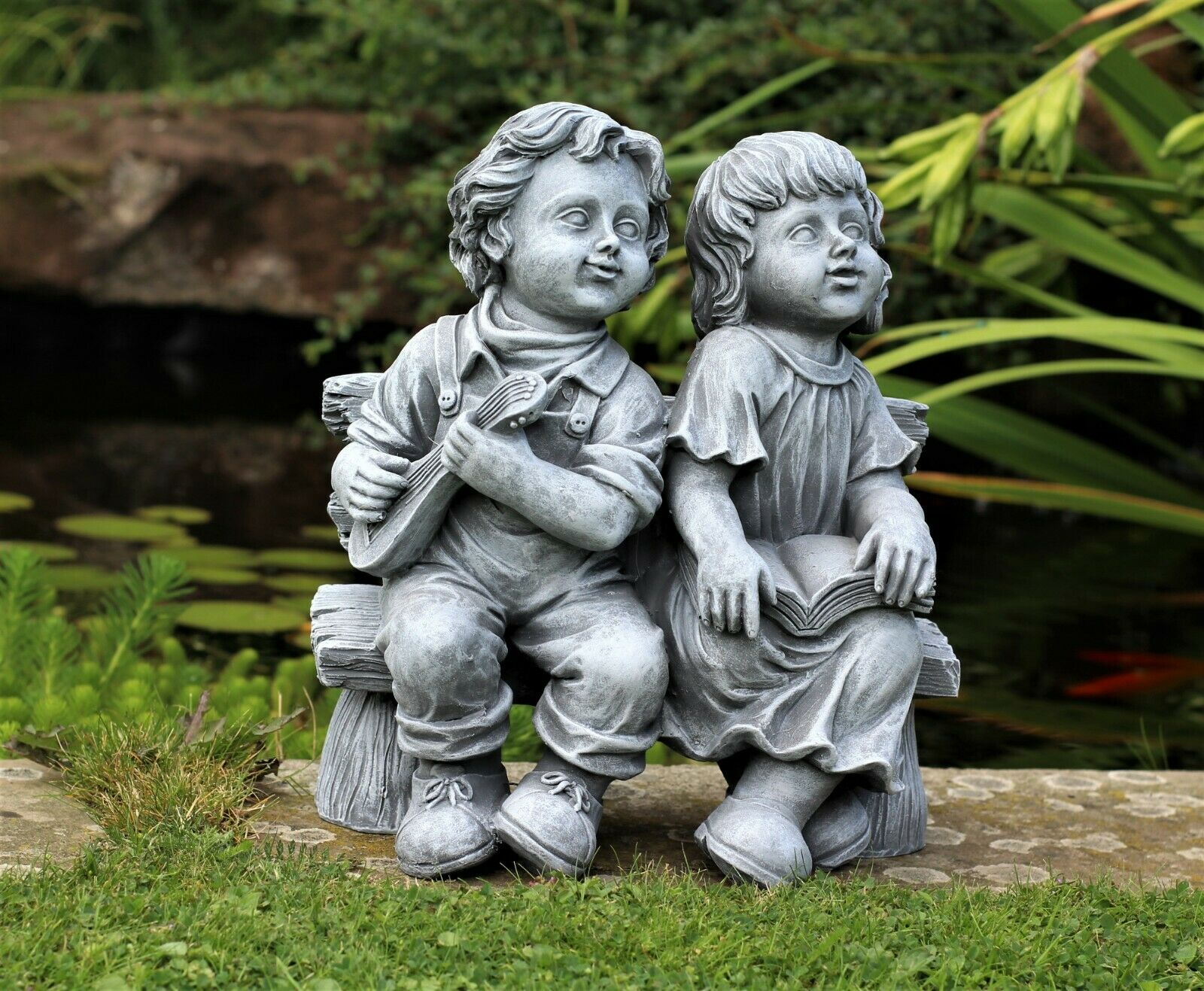 Grey Sitting Boy and Girl Garden Ornament