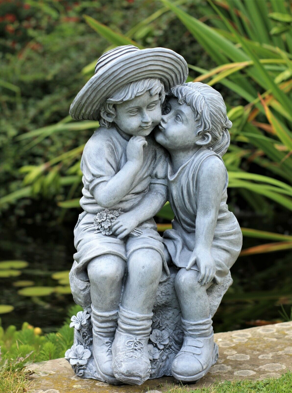 Grey Sitting Boy and Girl Garden Ornament