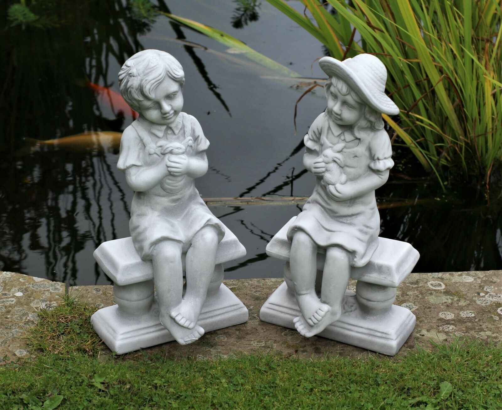 Grey Boy or Girl Cherub Garden Ornament Figures