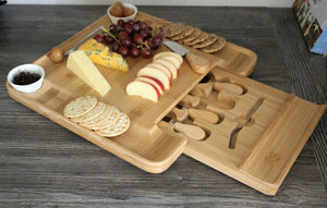 Square Bamboo Cheese Board with Slide Out Draw & 4 Knives