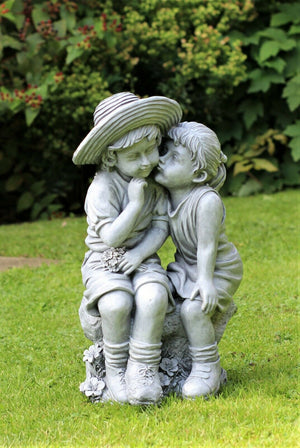 Grey Sitting Boy and Girl Garden Ornament