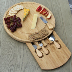 Oval Bamboo Cheese Board with Slide Out Draw & 4 Knives