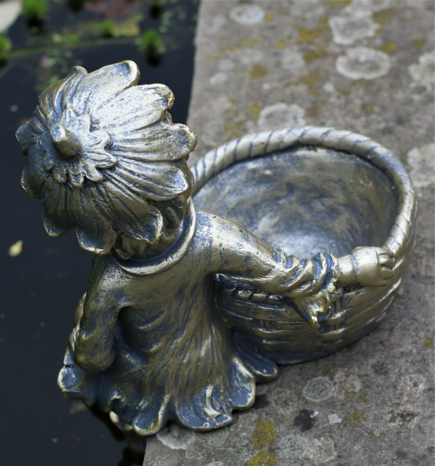 Boy and Girl Sitting Cherubs Planter or Bird Feeder Copper/Slate Grey