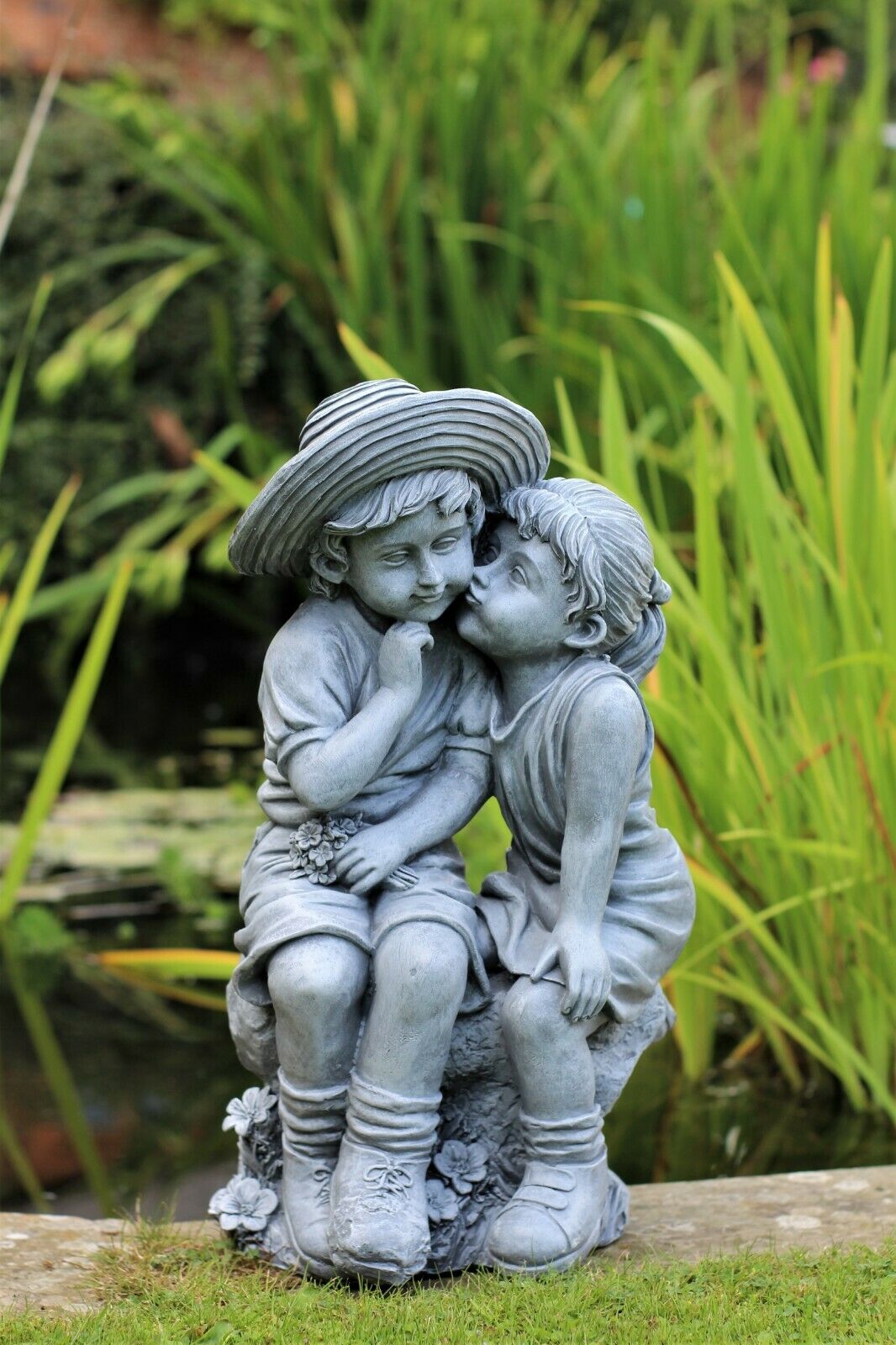 Grey Sitting Boy and Girl Garden Ornament