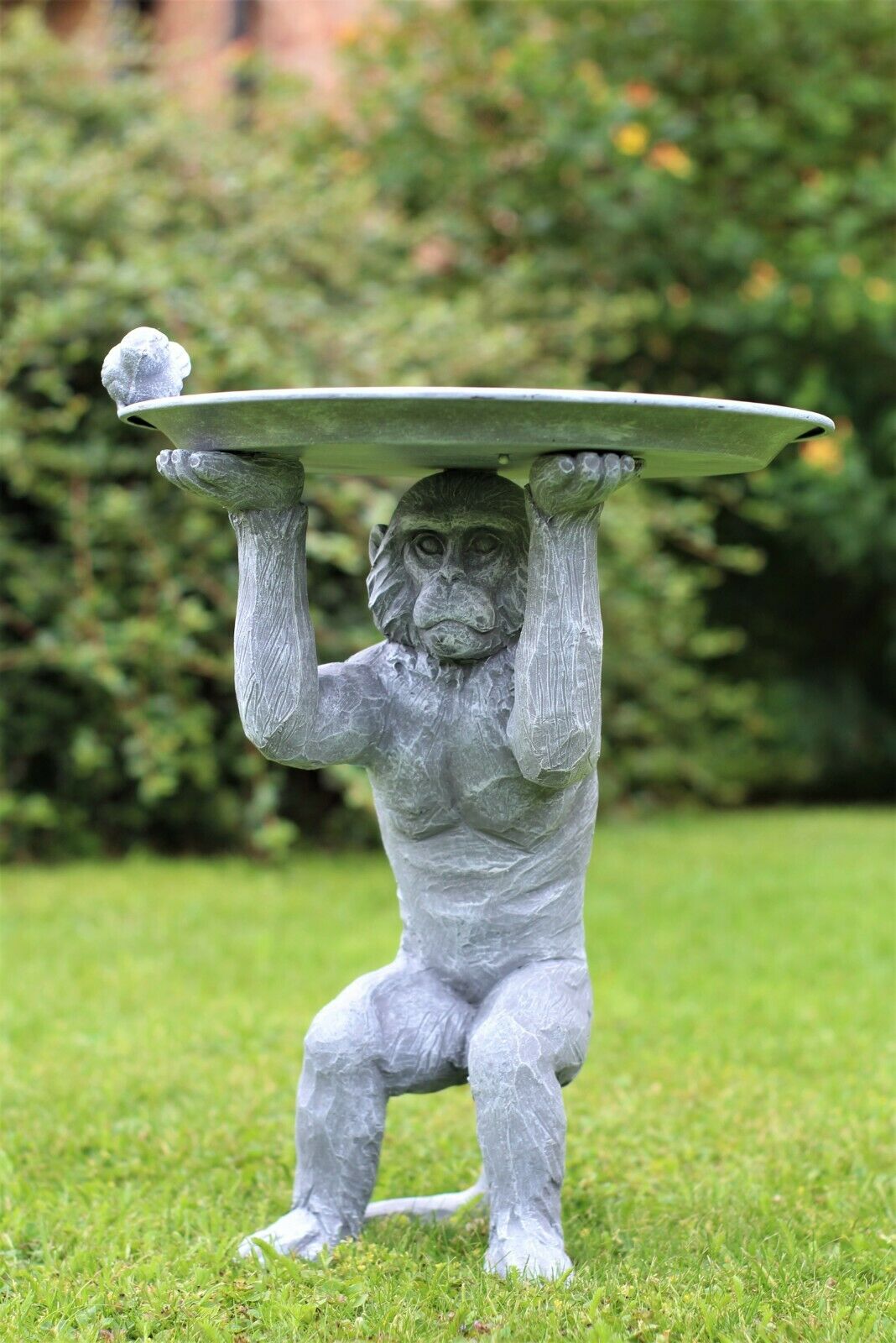 Grey Monkey Garden Ornament with Bird & Bath Feeder