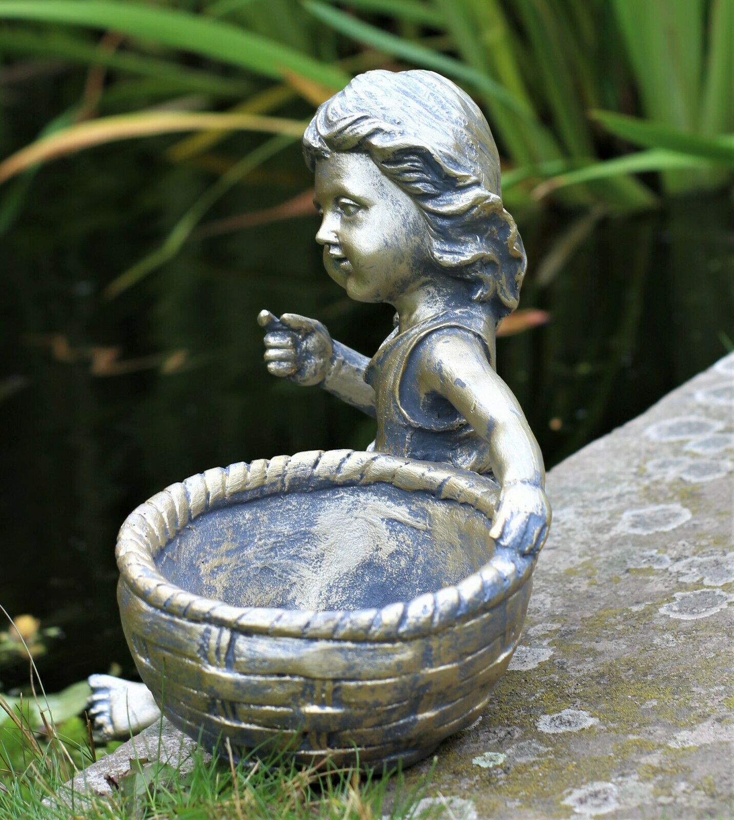 Boy and Girl Sitting Cherubs Planter or Bird Feeder Copper/Slate Grey