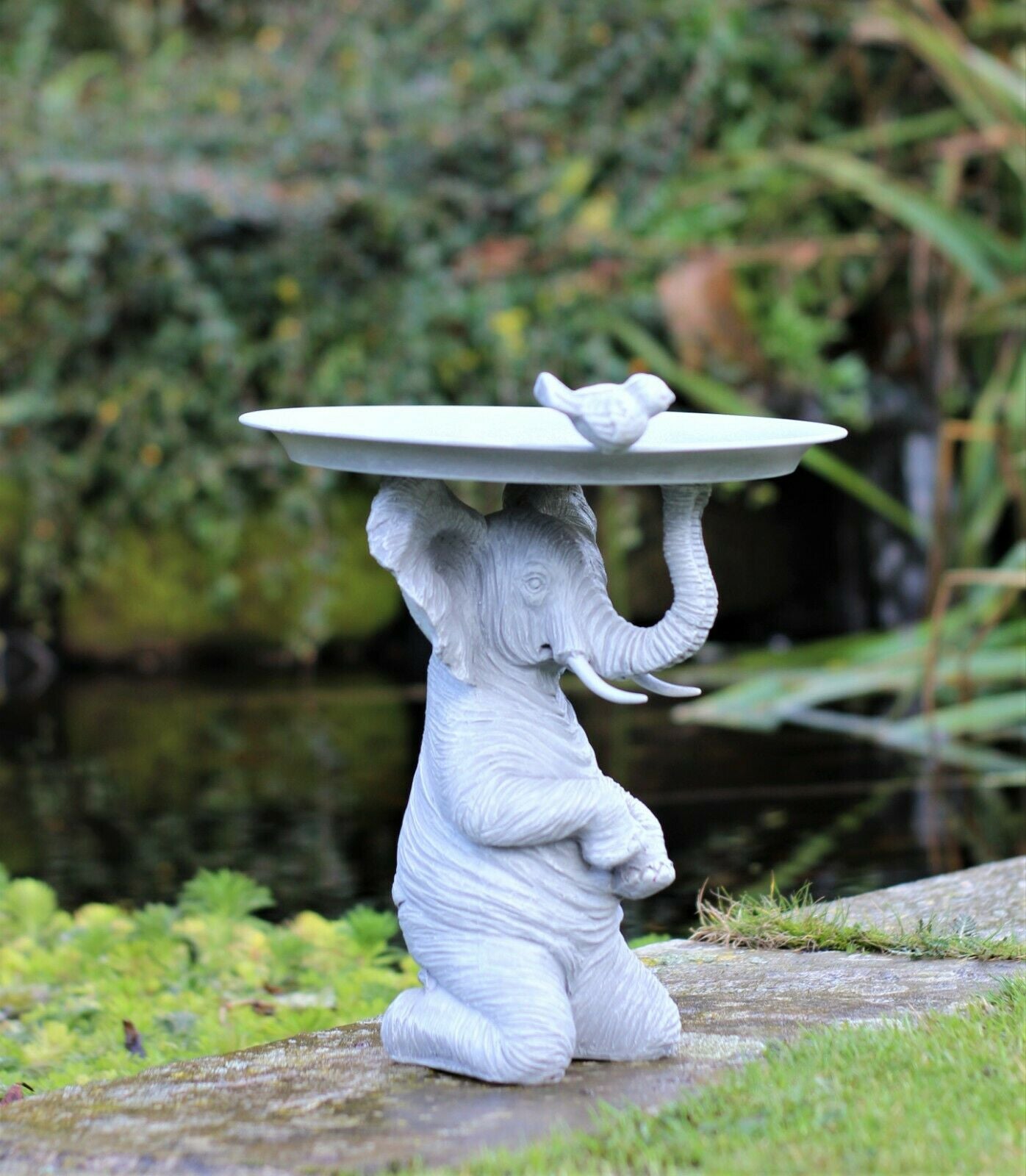 Grey Elephant Statue with Bird & Bath Feeder