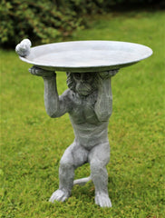 Grey Monkey Garden Ornament with Bird & Bath Feeder