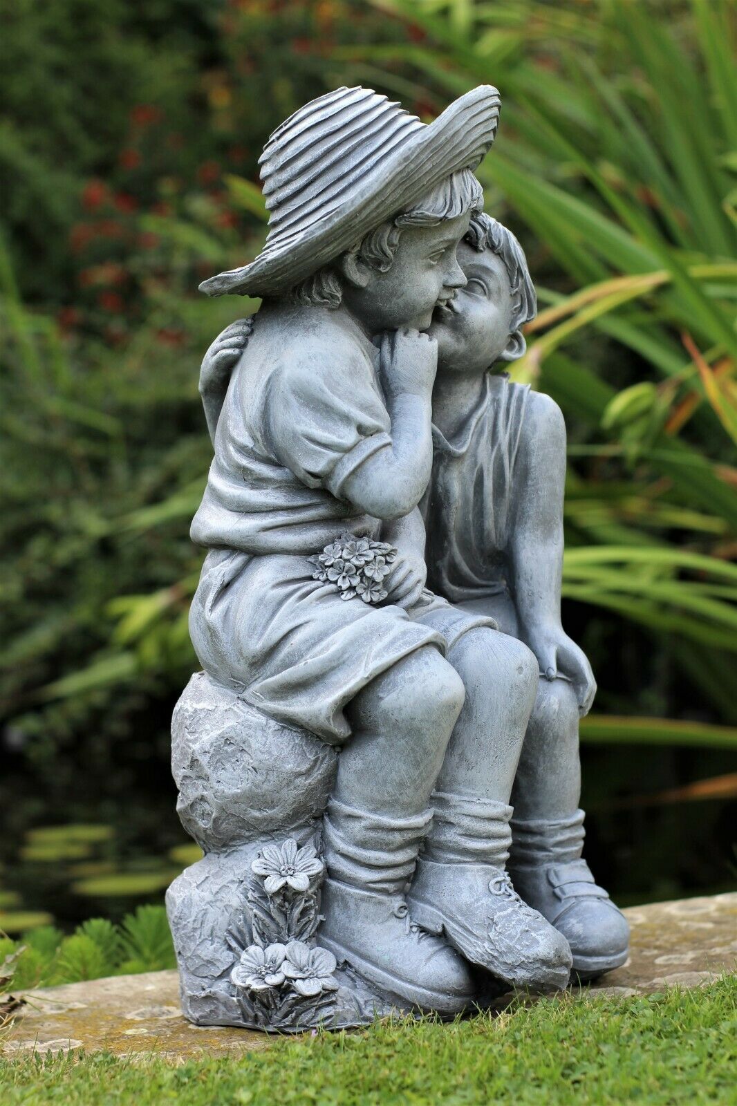 Grey Sitting Boy and Girl Garden Ornament