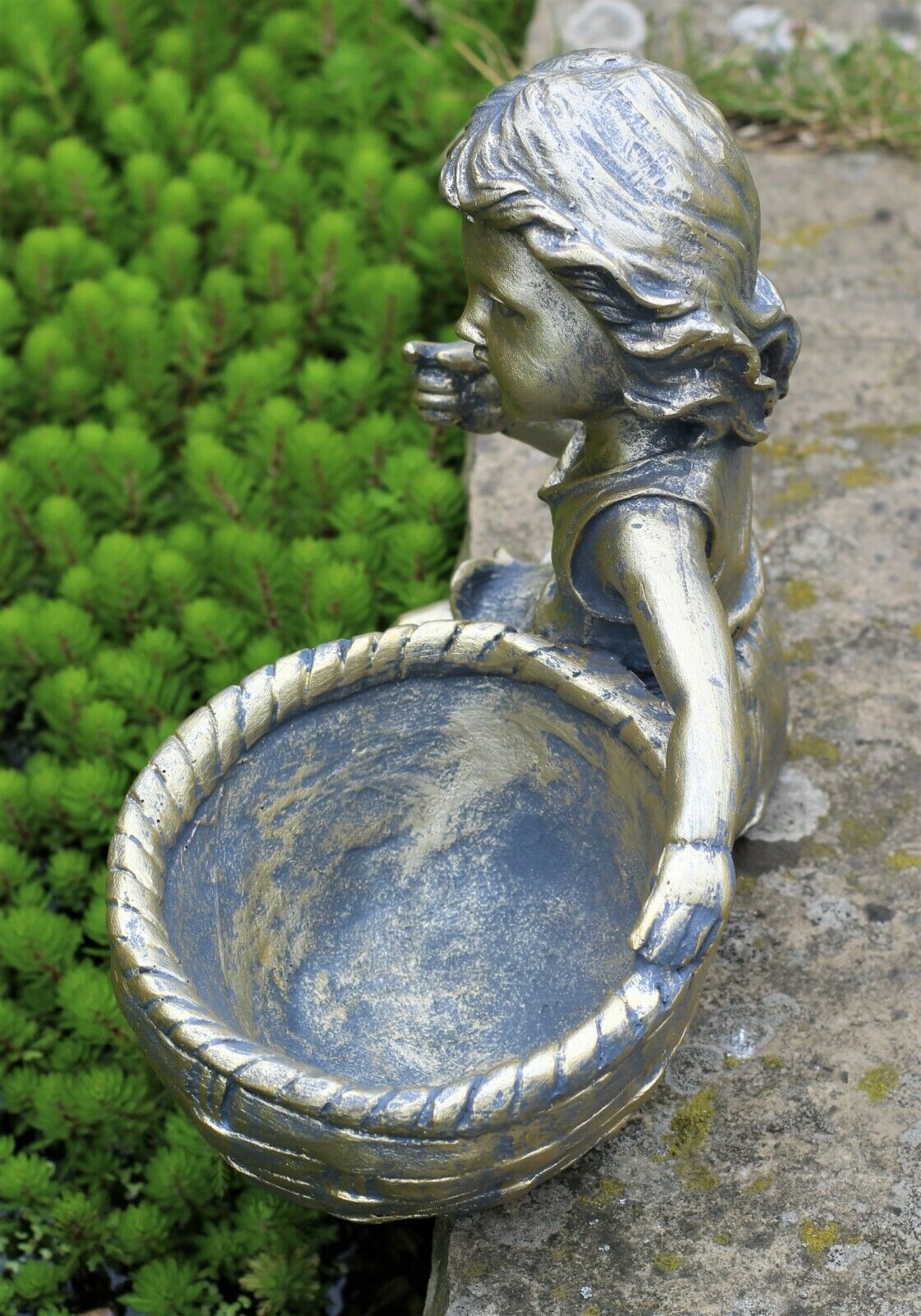 Boy and Girl Sitting Cherubs Planter or Bird Feeder Copper/Slate Grey