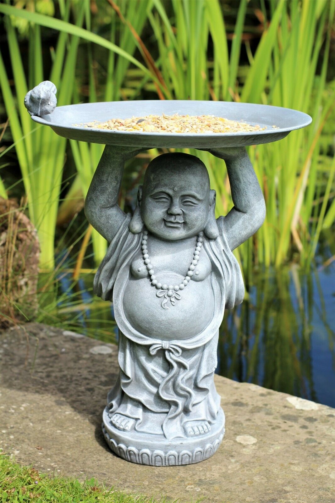 Grey or Copper Buddha Garden Ornament with Bird & Bath Feeder