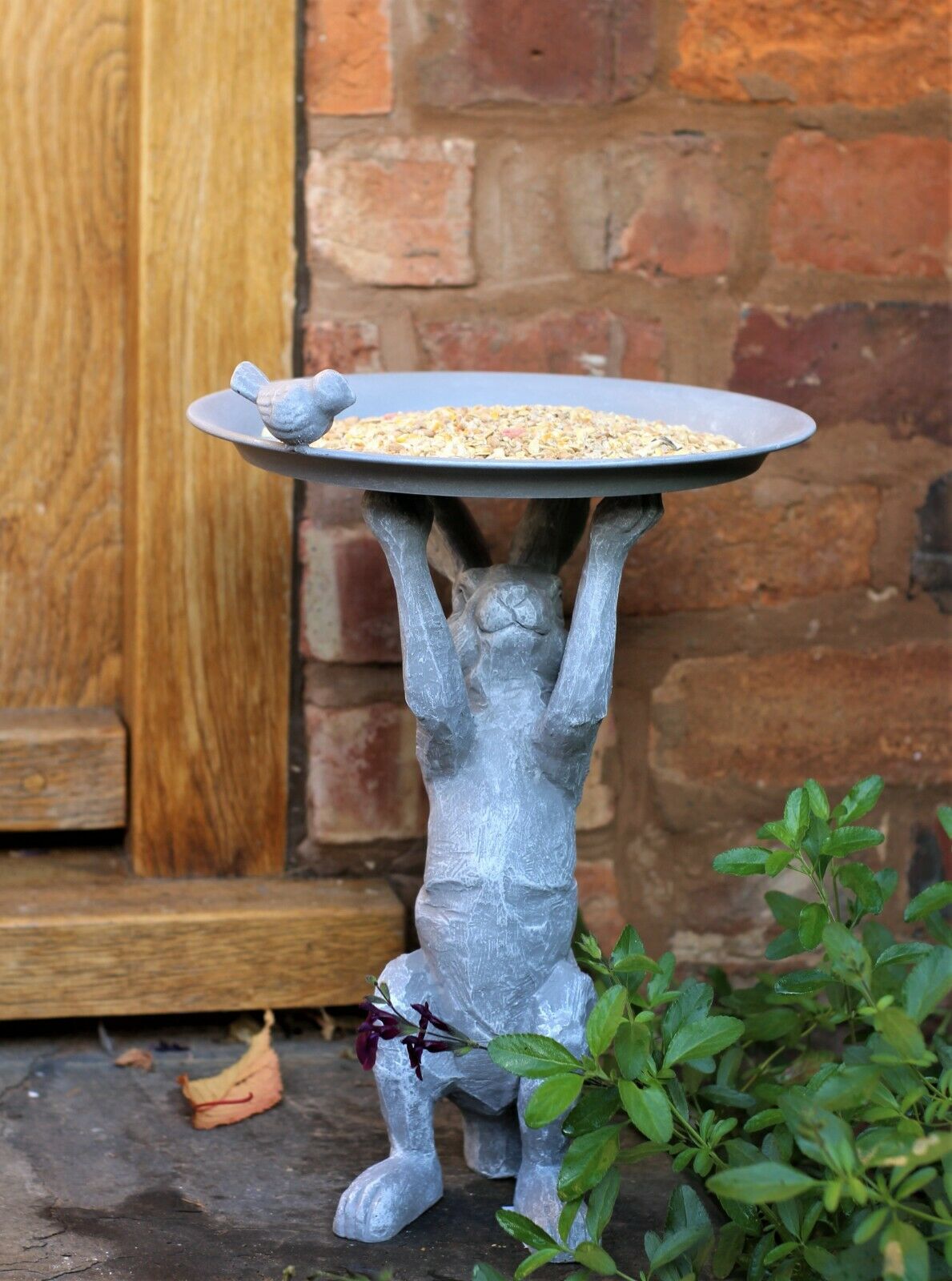 Wild Hare Rabbit Statue & Garden Ornament with Bird & Bath Feeder