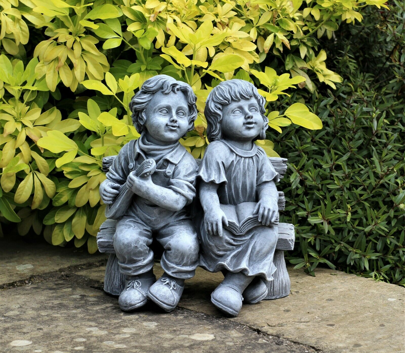 Grey Sitting Boy and Girl Garden Ornament