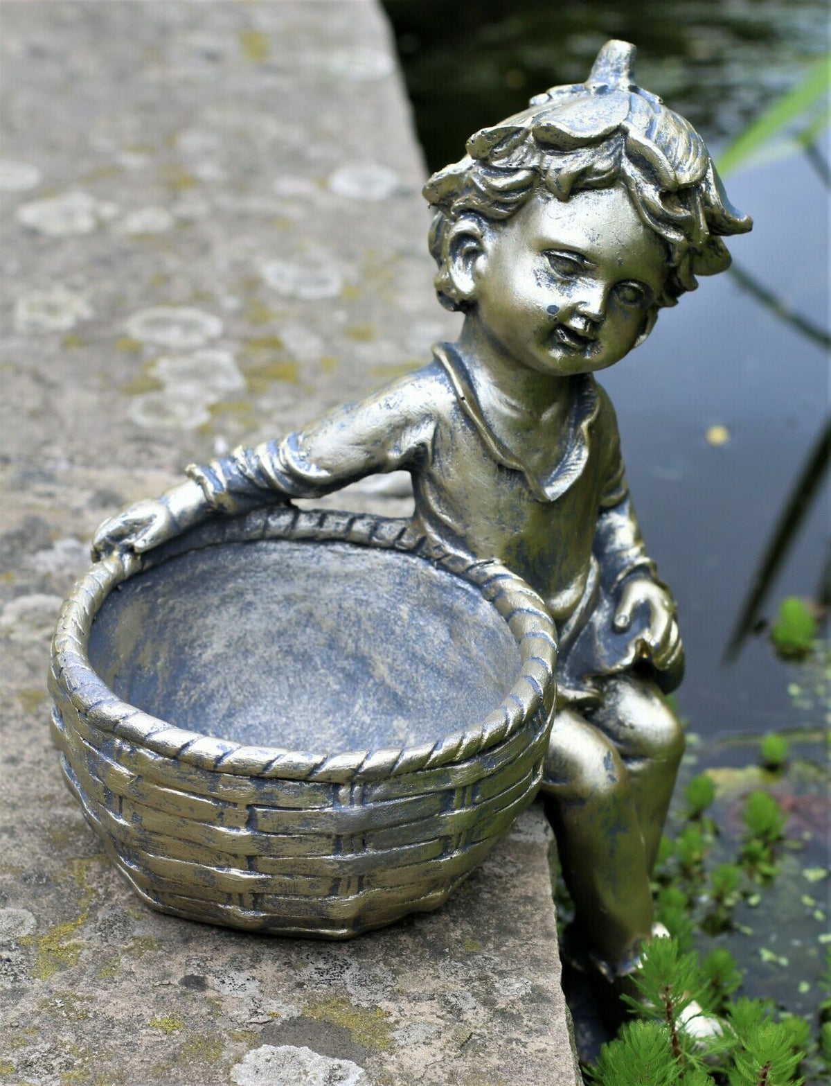 Boy and Girl Sitting Cherubs Planter or Bird Feeder Copper/Slate Grey