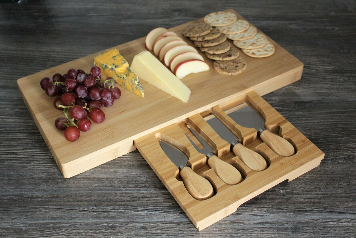 Rectangle Bamboo Cheese Board with Slide Out Draw & 4 Knives